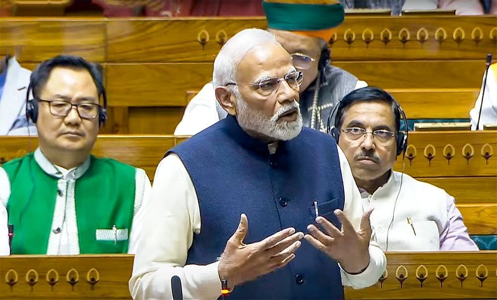 New Delhi: Prime Minister Narendra Modi speaks in the Lok Sabha during the winter session of Parliament in New Delhi on Saturday, December 14, 2024. (Photo: IANS/Sansad TV)